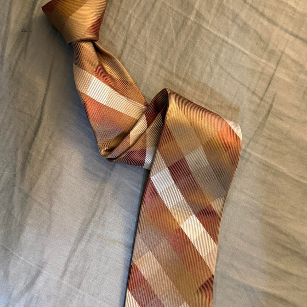 Pierre Cardin Diagonal Plaid Silk Necktie Brown Beige Cream Woven Designer Tie